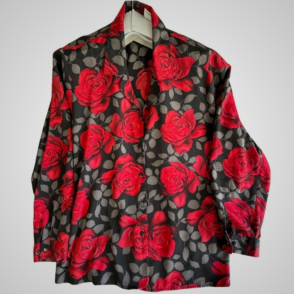 Liz Baker Woman Red Rose Floral Button Down Blouse Black Grey 22W Plus Size